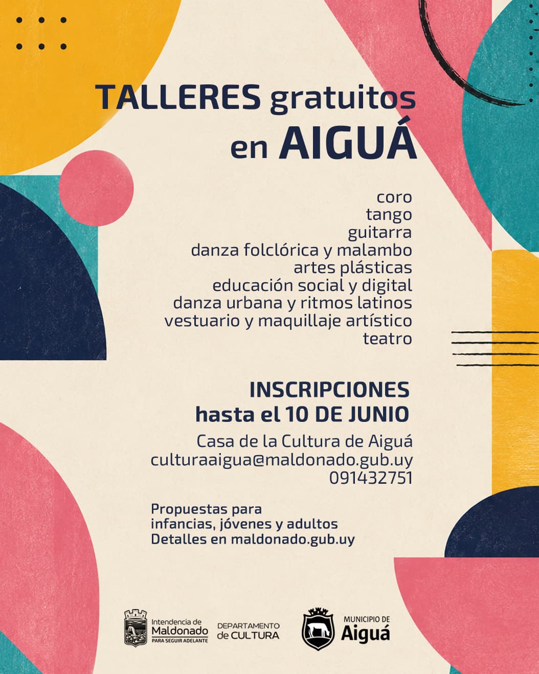Diez talleres gratuitos en Aiguá: inscripciones abiertas hasta el 10 de junio