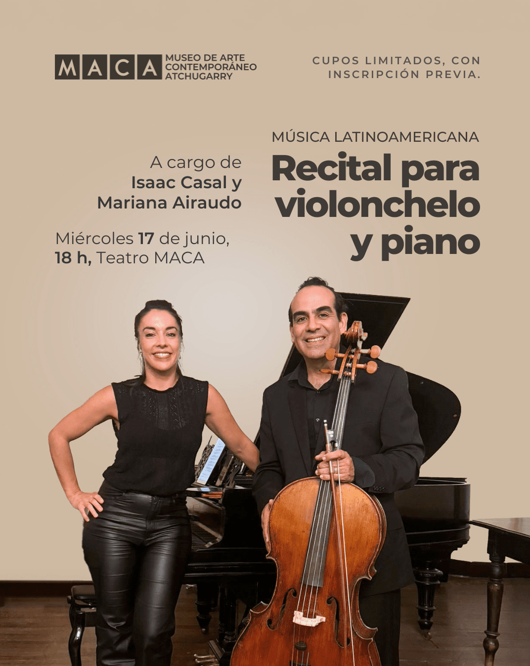 Violonchelista panameño y pianista uruguaya ofrecen recital de música latinoamericana en el Teatro MACA