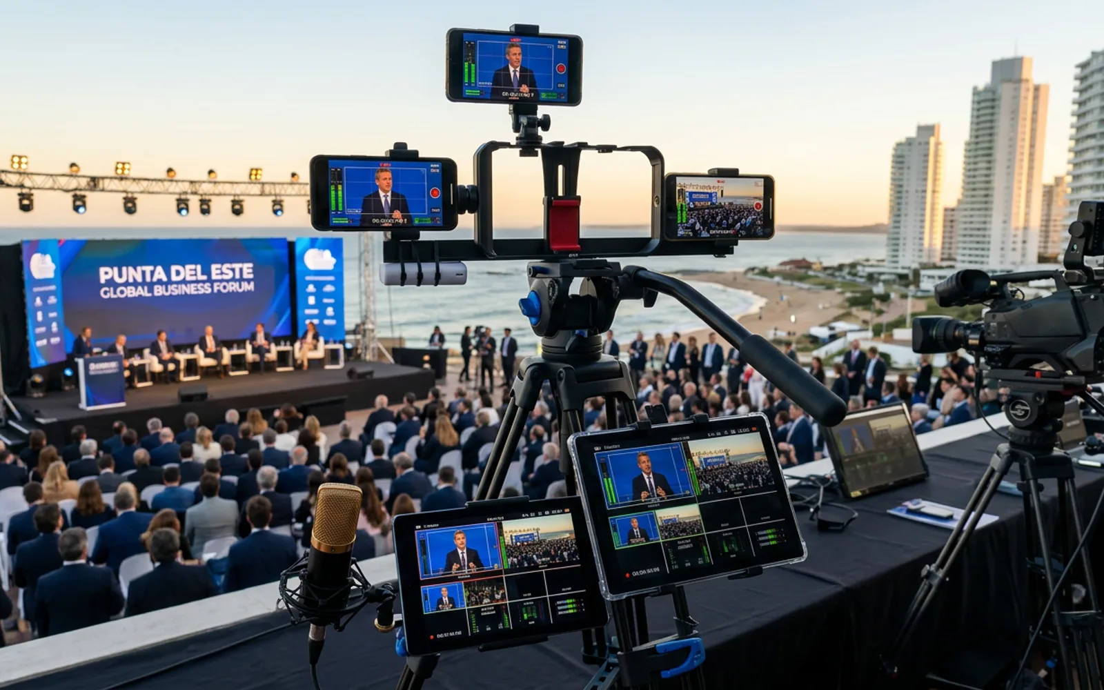 Unidad de transmisión de Canal 3 en un evento: rig multicámara, monitores de mezcla y antena Starlink